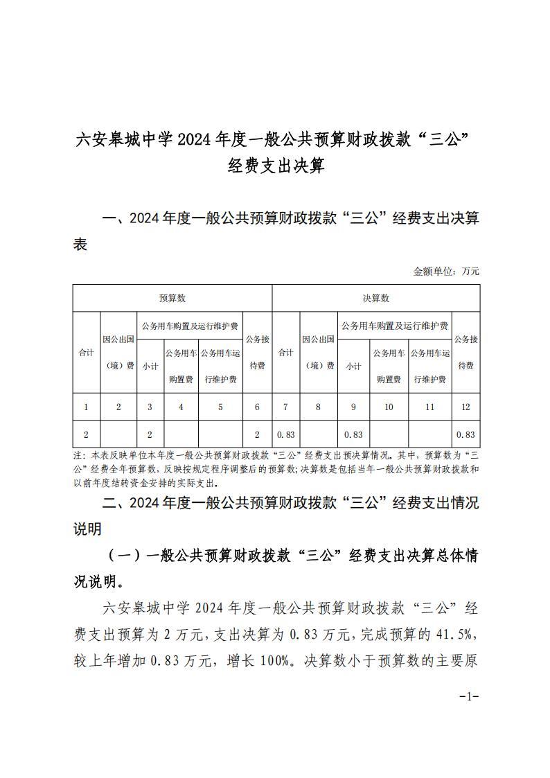 六安皋城中学2024年度一般公共预算财政拨款“三公”经费支出决算报表及说明公开_01.jpg